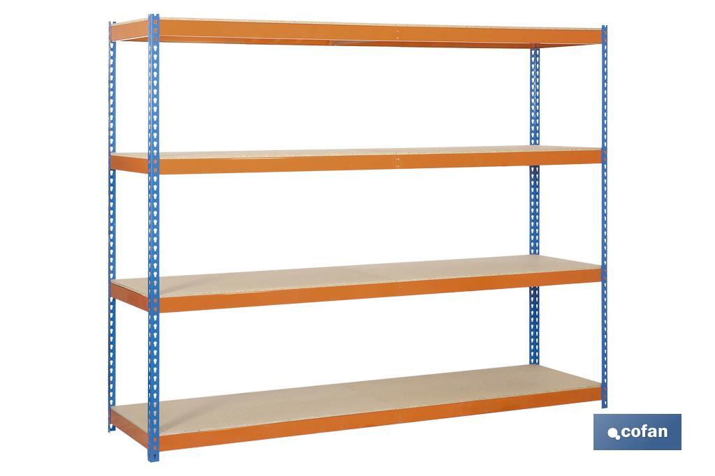 Estantería de acero de media carga | Color azul y naranja | Con 4 baldas de madera | Disponible en diferentes medidas